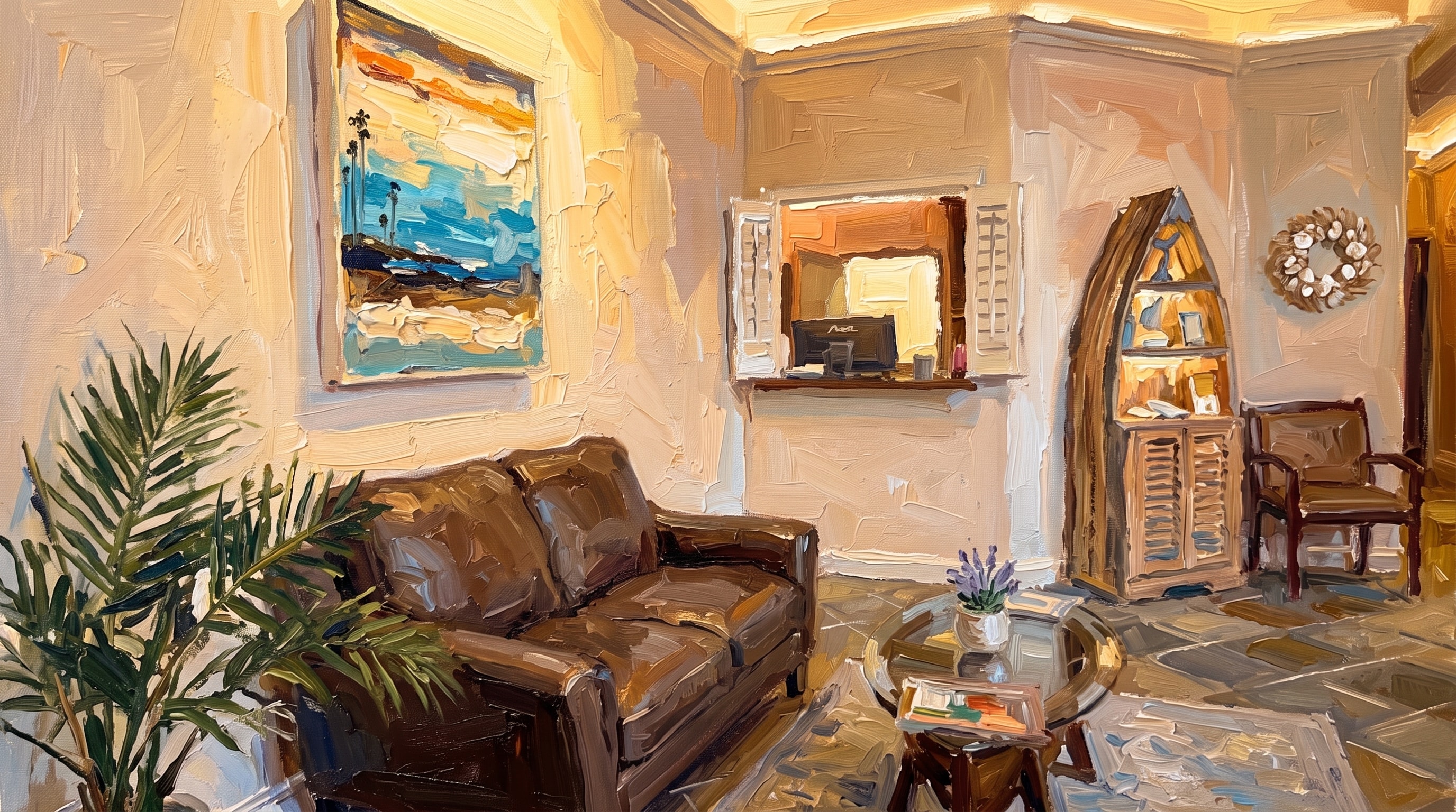 Plein-air painting of the NCSS waiting area, warm coastal palette